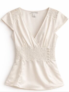 White House | Black Market lace-accented cap-sleeve blouse  100% Silk